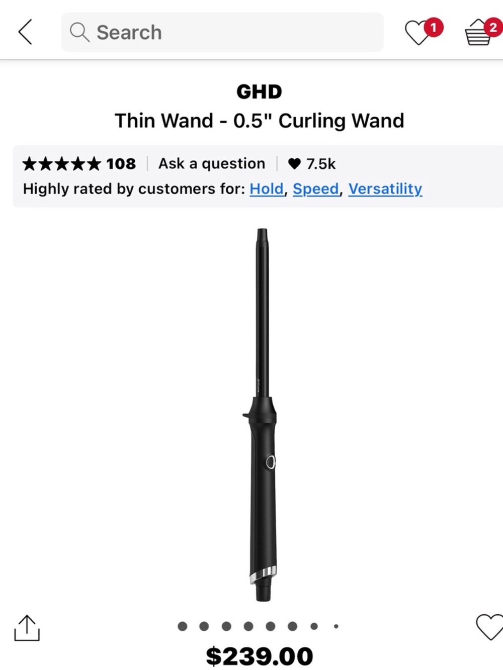ghd Thin Wand 0.5" Curling Wand - Black with Silver Accent